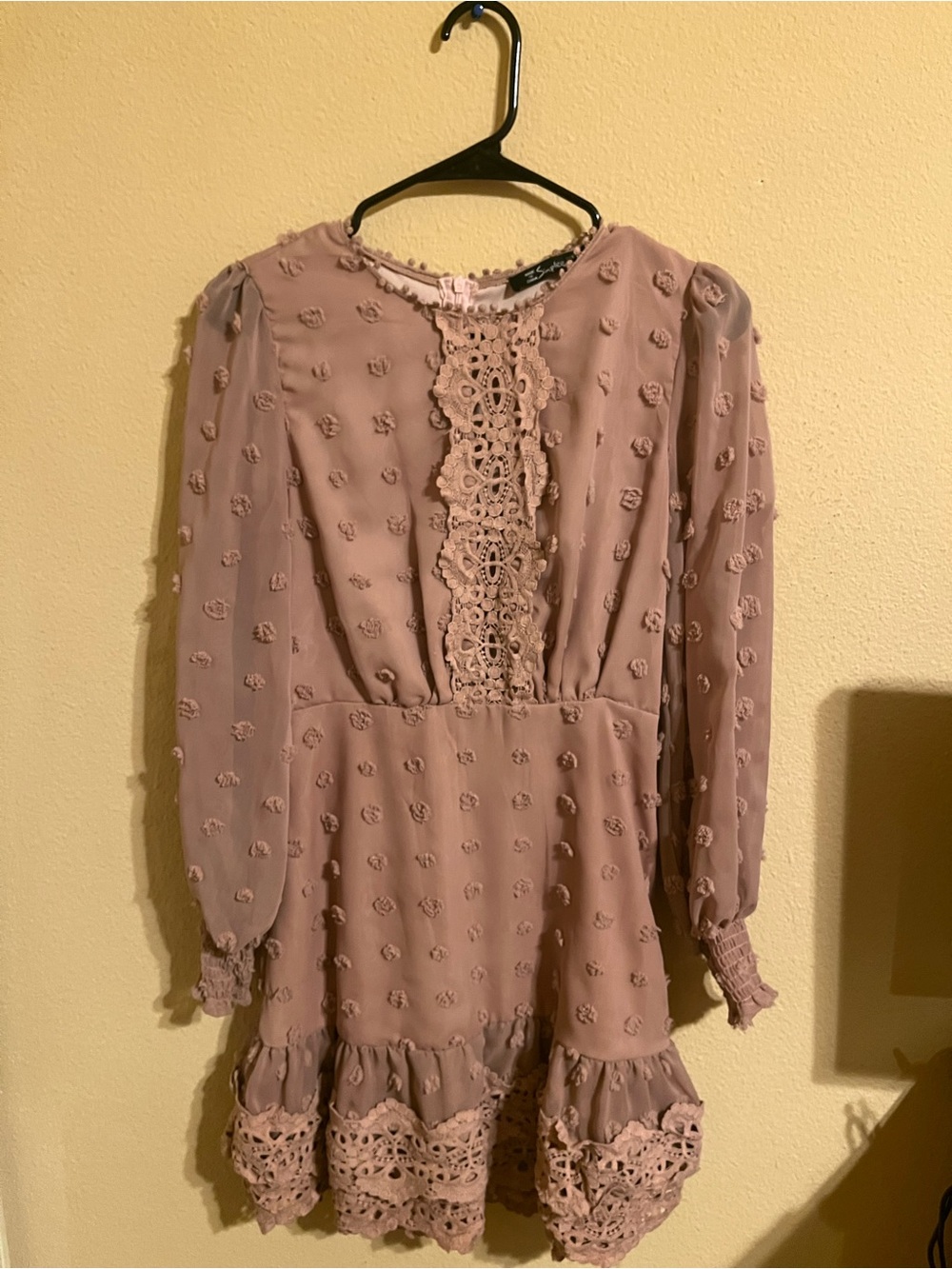 Mauve Lace-Trim Long Sleeve Mini Dress